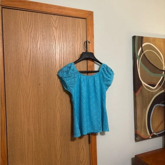 Dressbarn Size PS Blue w/Cap Sleeves Scoop Neck Lined Blouse - EUC - Picture 2 of 4